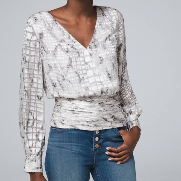 White House Black Market Tops - White House Black Market Faux Snakeskin Blouse Silk Blend Textured Wrap Front M